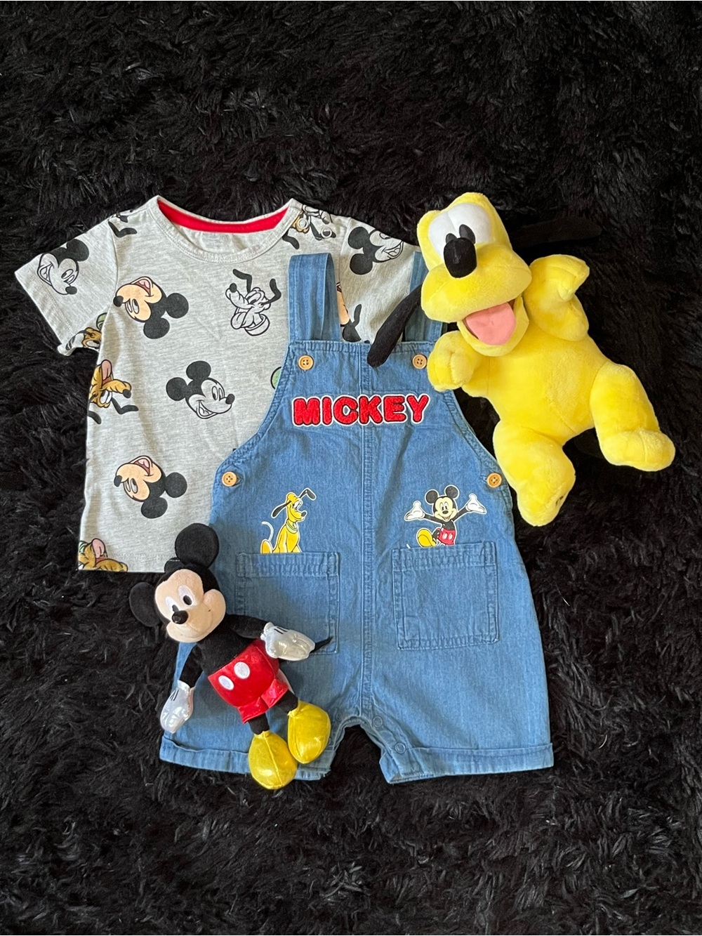 Disney Blue Denim Mickey Short Overalls with Embroidered Characters Plush Toy